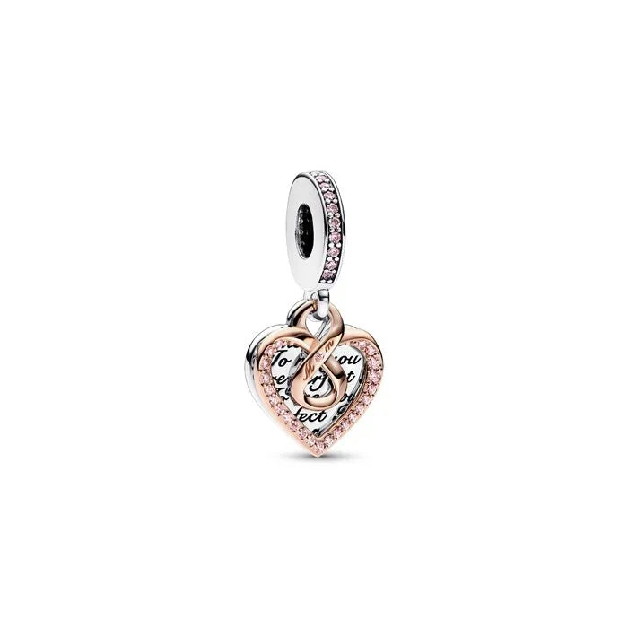 Two-Tone Infinity Heart Double Dangle Charm - Stylish infinity heart dangle in two-tone, symbolizing unbreakable bonds.