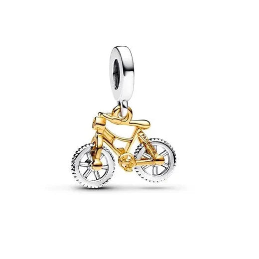 Two-Tone Spinning Wheels Bicycle Dangle Charm Pandora Shine - Bicycle charm with spinning detail, perfect for travel lovers.