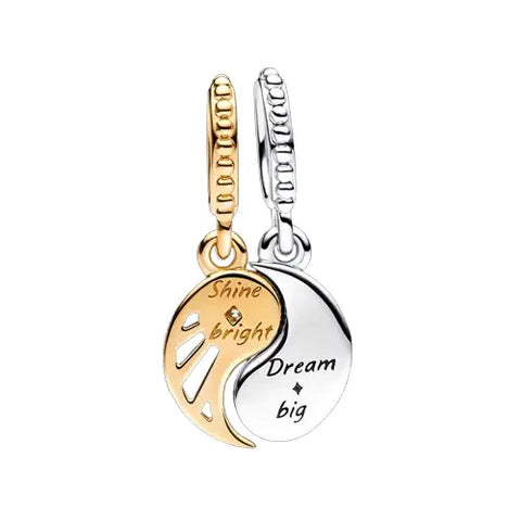 Two-Tone Splittable Sun Moon Dangle Charm Pandora Shine - Celestial sun and moon charm in two-tone, a symbolic piece.