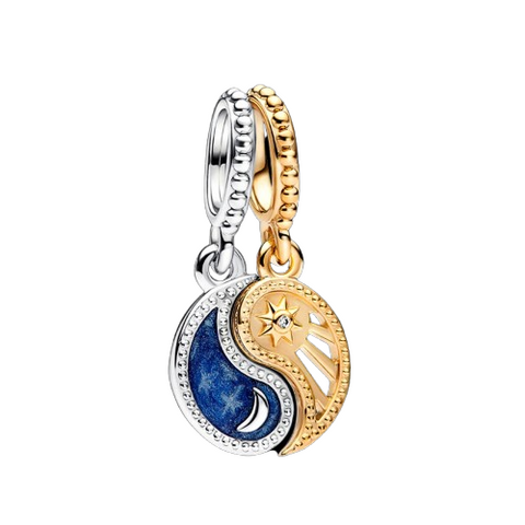 Two-Tone Splittable Sun Moon Dangle Charm Pandora Shine - Charming sun and moon dangle in two-tone, ideal for sharing.