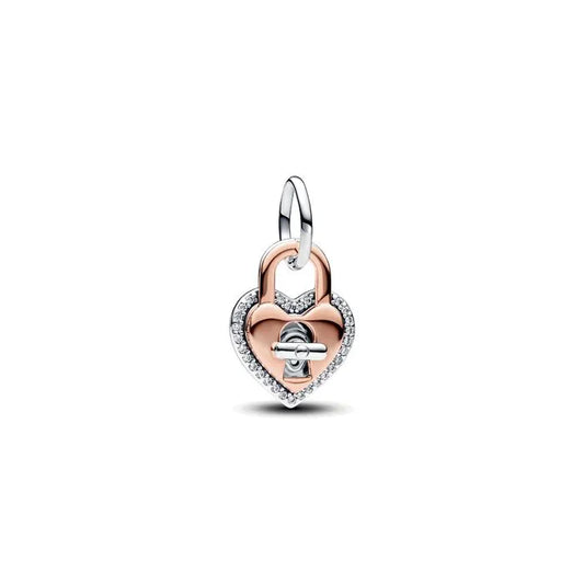 Two-Tone Twistable Heart Padlock Double Dangle Charm Pandora Rose - Charming heart padlock dangle in Pandora Rose, symbolizing love.