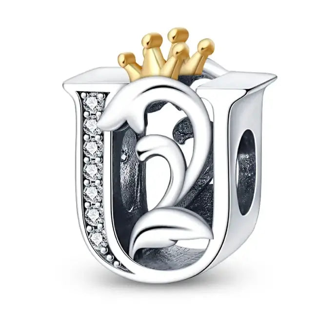 U Silver charm letter with gold Crown for pandora bracelets