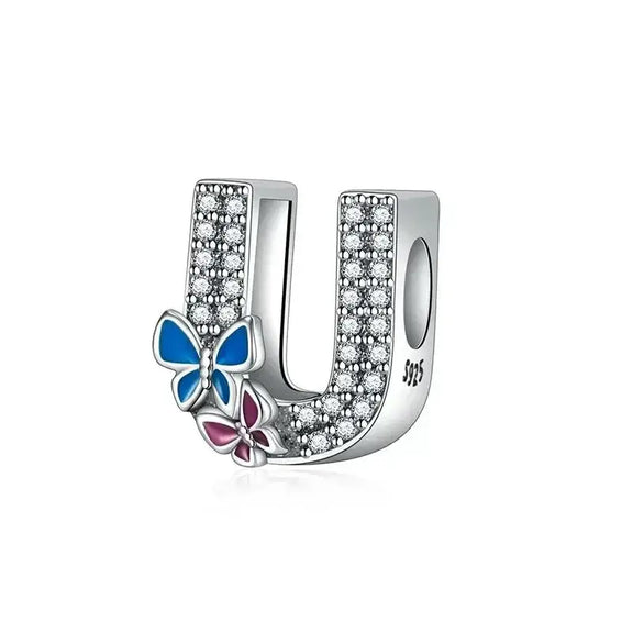 butterfly silver letter U charm - butterfly with Letter U Charm