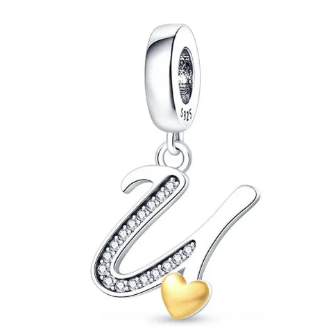 Silver letter U charm Gold heart