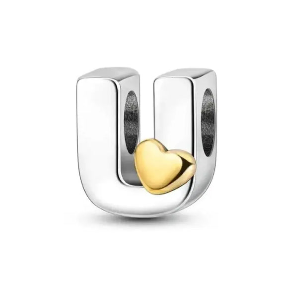 U Letter Gold Heart charm letter - U Silver charm letter with gold heart for pandora bracelets