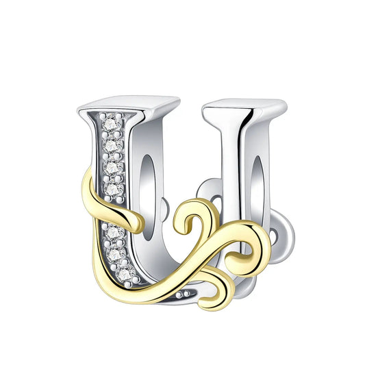 Dual-Tone Gold and Silver U Letter Charm with Crystal Accents