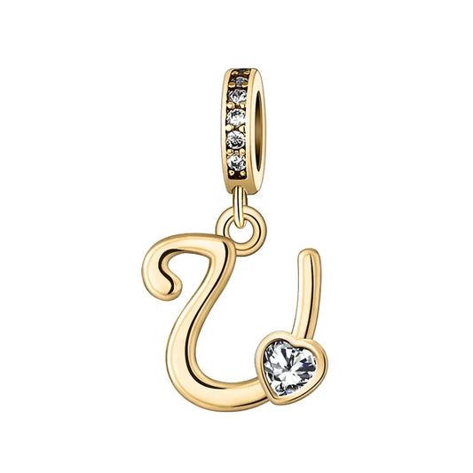 Gold U Letter Charm with pendant crystal Heart