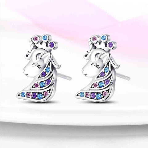 Sterling Silver Unicorn Stud Earrings with Multicolor Crystals