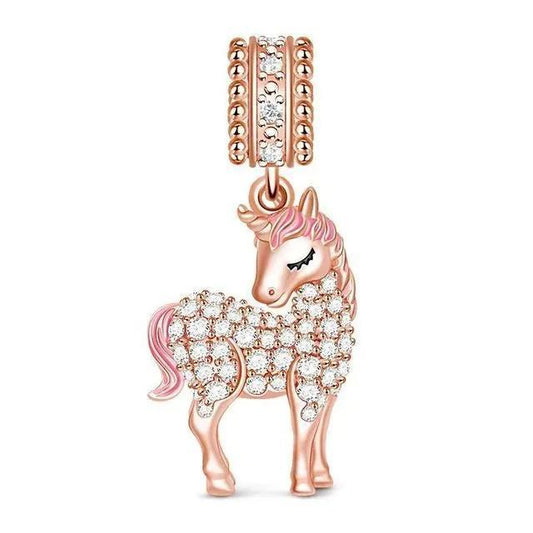 Unicorn pendant with pink and CZ crystals in rose gold and sterling silver