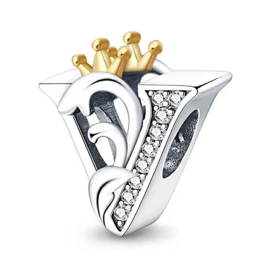 V Silver charm letter with gold Crown for pandora bracelets