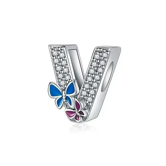 butterfly silver letter V charm - butterfly with Letter V Charm