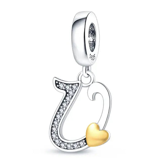 Silver letter V charm Gold heart