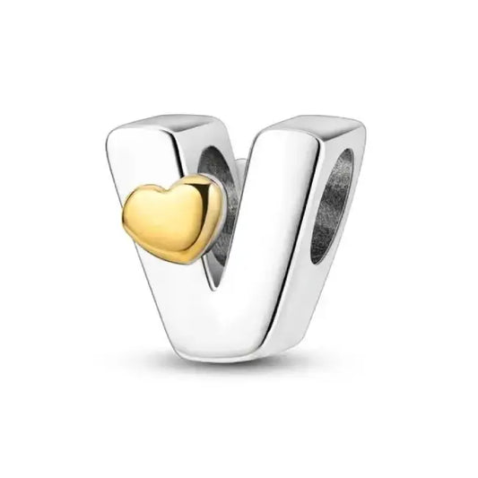 V Silver charm letter with gold heart for pandora bracelets