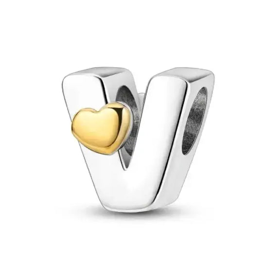 V Letter Gold Heart charm letter - V Silver charm letter with gold heart for pandora bracelets