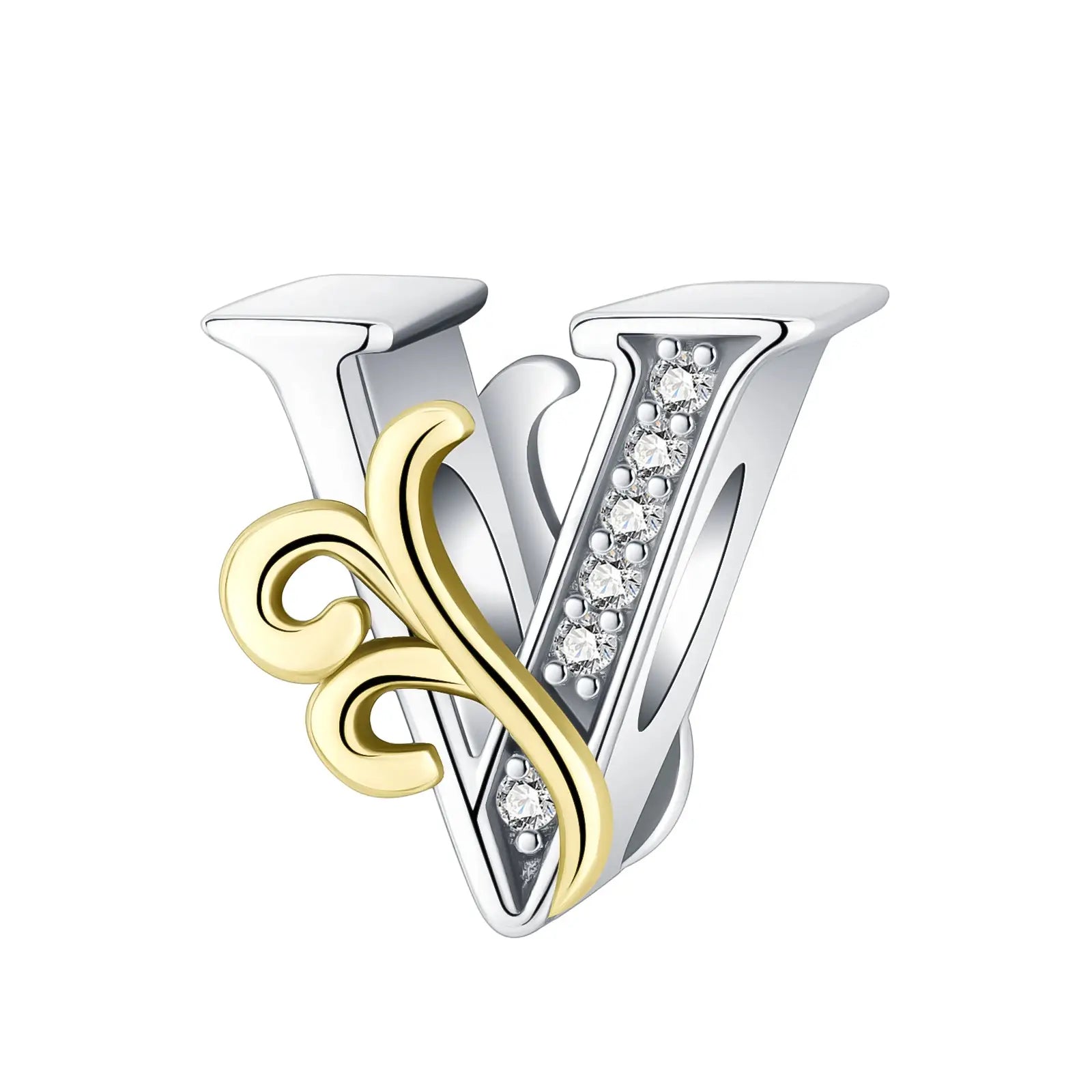 Gold and silver V Letter Charm for pandora bracelet