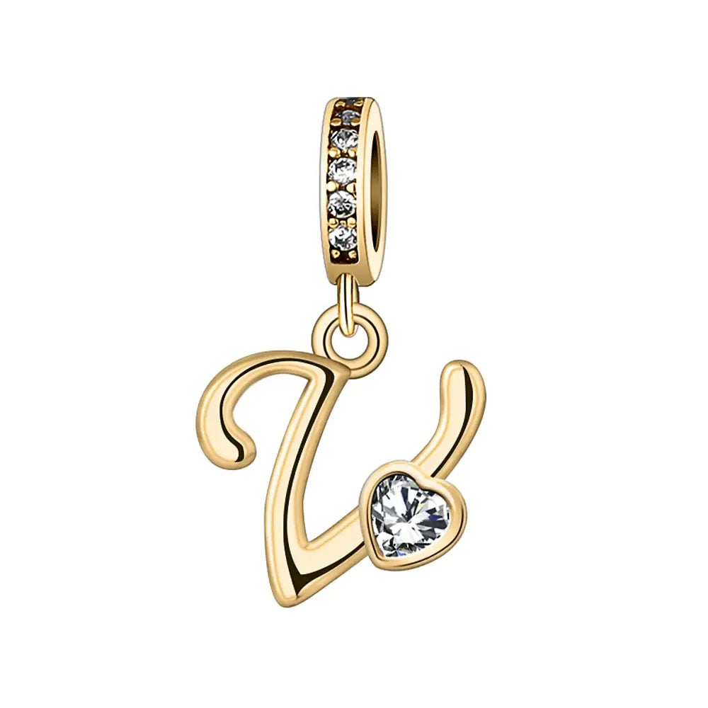 Gold V Letter Charm with pendant crystal Heart