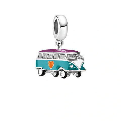 Silver charm of a teal and purple VW bus with an orange heart.