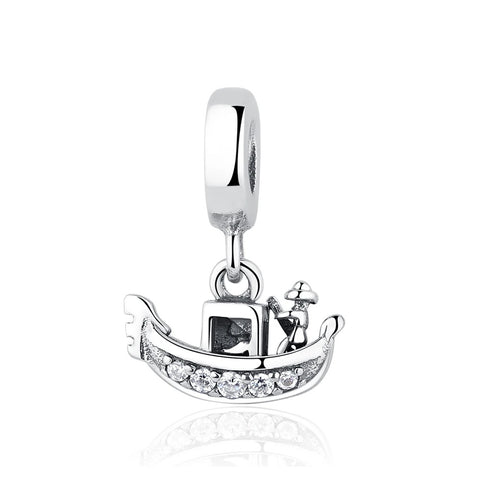 Venice Gondola Boat Dangle Charm with Crystal Accents - Silver-tone gondola boat dangle charm with a gondolier figure and clear crystal stones along the hull, attached to a polished bail ring