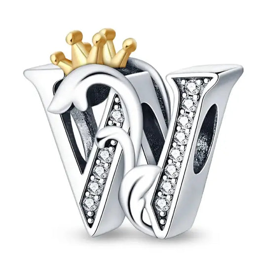 W Silver charm letter with gold Crown for pandora bracelets