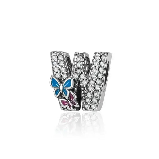 butterfly silver letter W charm