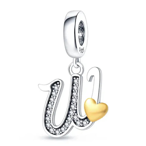 Silver letter W charm Gold heart - Silver letter W charm Gold heart