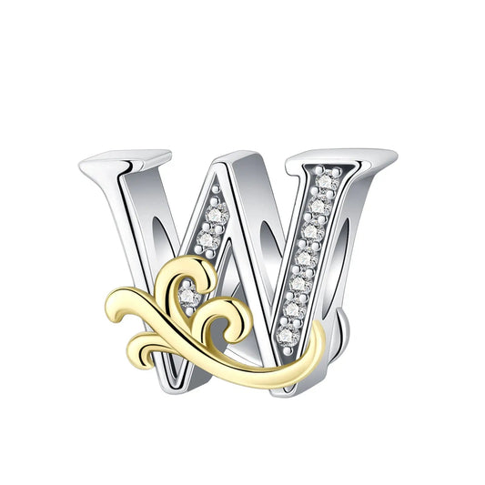 Dual-Tone Gold and Silver W Letter Charm with Crystal Accents