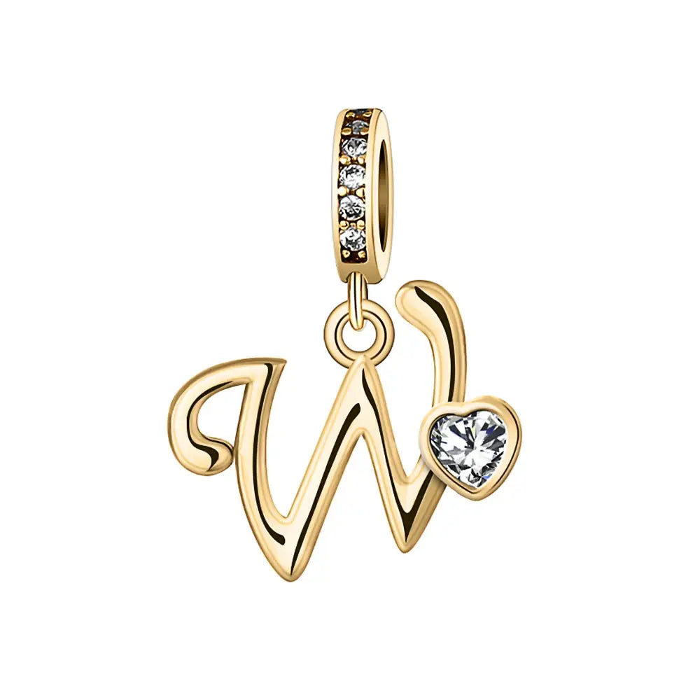 Gold W Letter Charm with pendant crystal Heart