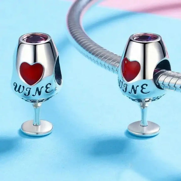 I Love Wine Glass Charm for Pandora Bracelets - Sterling silver wine glass charm with a red heart and "WINE" inscription, fitting Pandora bracelets