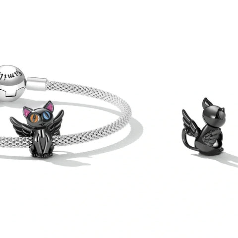 Winged Black Cat with Colorful Eyes Charm - Winged Black Cat with Colorful Eyes Charm