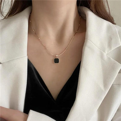 Gold-Plated Black Onyx Square Pendant Necklace for Chic Style