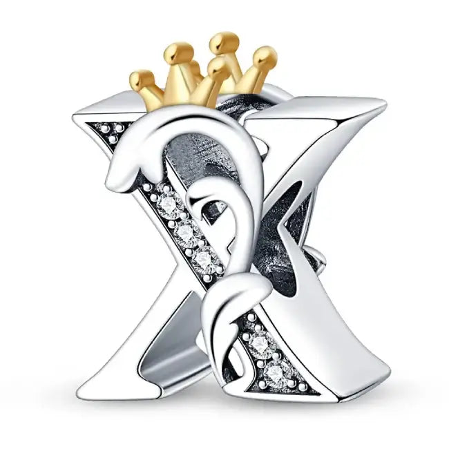 X Silver charm letter with gold Crown for pandora bracelets