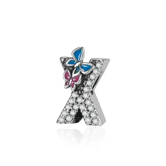 butterfly silver letter X charm - butterfly with Letter X Charm