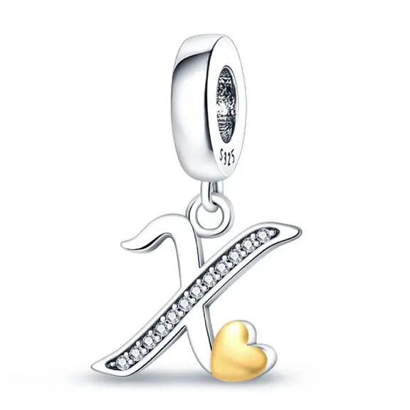 Silver letter X charm Gold heart - italic Letter X Charm