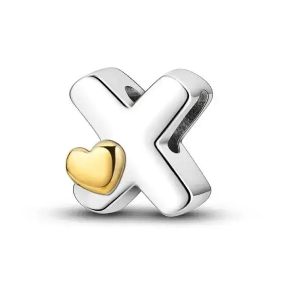 X Letter Gold Heart charm letter - X Silver charm letter with gold heart for pandora bracelets