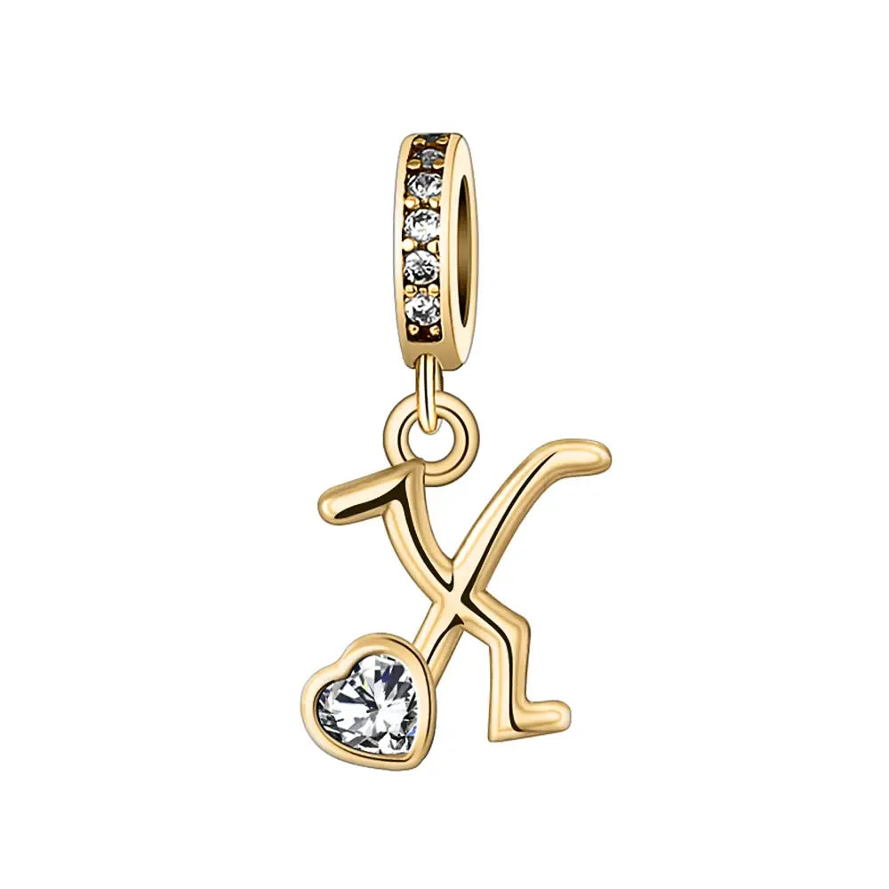 Gold X Letter Charm with pendant crystal Heart