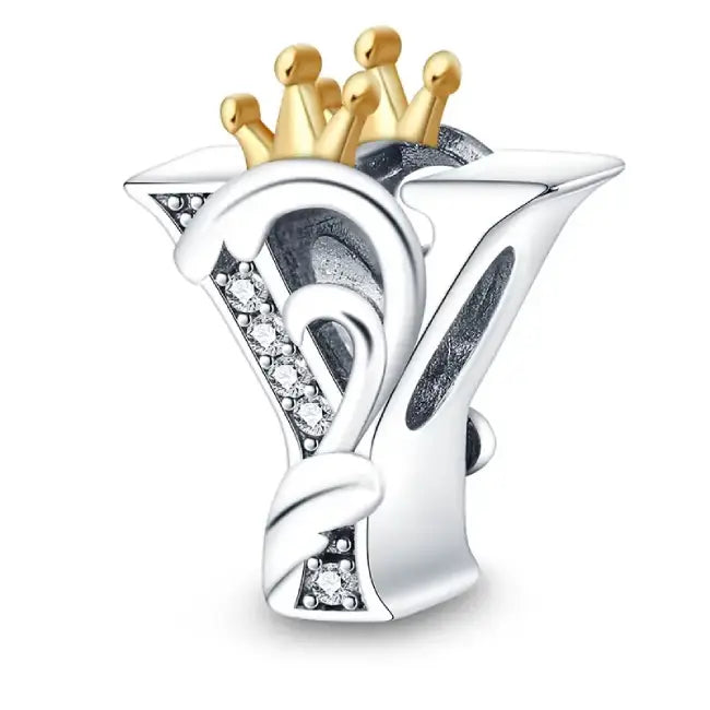 Y Silver charm letter with gold Crown for pandora bracelets