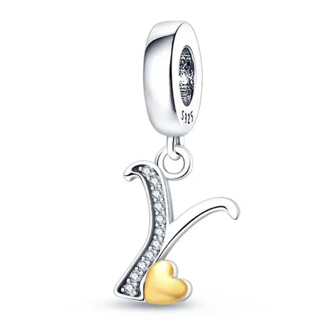 Silver letter Y charm Gold heart - Silver letter Y charm Gold heart