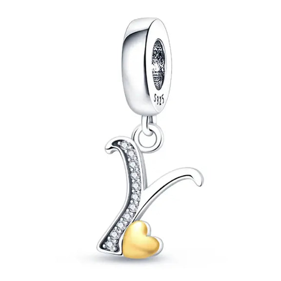 Silver letter Y charm Gold heart - italic Letter Y Charm