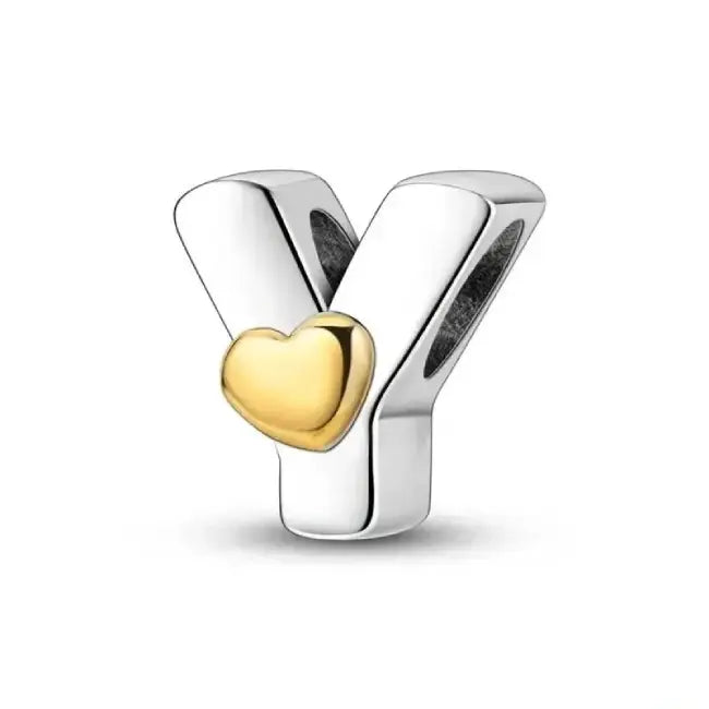 Y Silver charm letter with gold heart for pandora bracelets