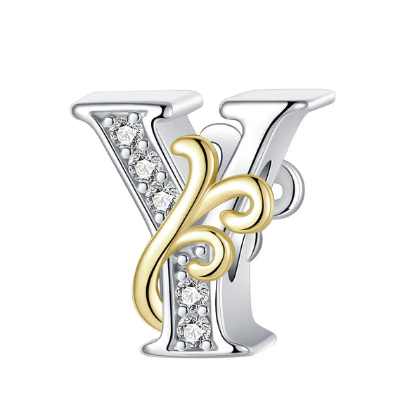 Dual-Tone Gold and Silver Y Letter Charm with Crystal Accents - Gold and silver Y Letter Charm for pandora bracelet