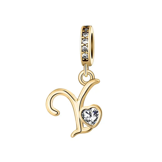 Gold Y Letter Charm with pendant crystal Heart