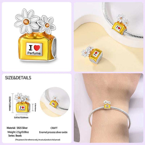 Floral Yellow Perfume Bottle Charm - Yellow perfume bottle charm with daisies and "I Love Perfume" inscription for charm bracelet.