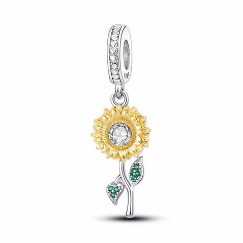 Dazzling Sunflower Sterling Silver Charm with Green Gemstone Leaves