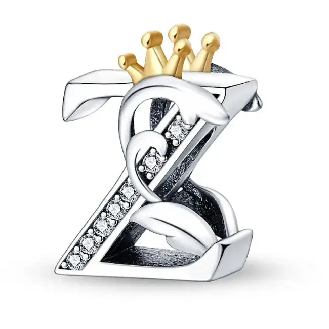 Z Silver charm letter with gold Crown for pandora bracelets