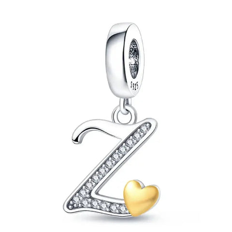 Silver letter Z charm Gold heart - Silver letter Z charm Gold heart