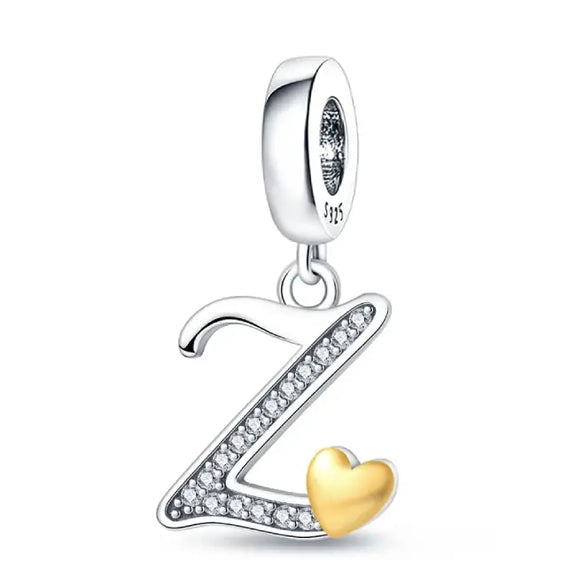 Silver letter Z charm Gold heart - italic Letter Z Charm