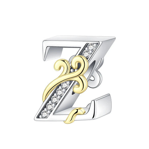 Dual-Tone Gold and Silver Z Letter Charm with Crystal Accents - Dual-Tone Gold and Silver Z Letter Charm with Crystal Accents