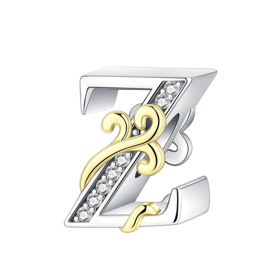 Dual-Tone Gold and Silver Z Letter Charm with Crystal Accents - Gold and silver Z Letter Charm for pandora bracelet