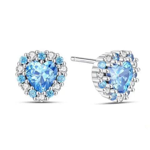 Dazzling Blue Heart Crystal Stud Earrings Halo - Dazzling blue heart crystal stud earrings with a halo of smaller crystals on a white background.