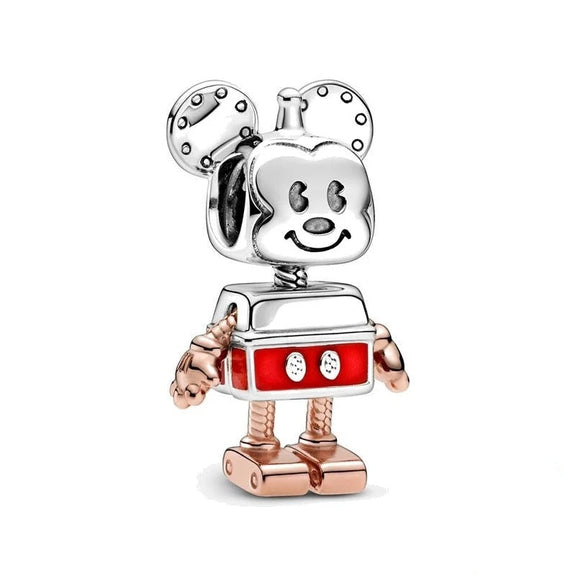 Retro Mickey Mouse Robot Charm in Sterling Silver and Rose Gold - Sterling silver and rose gold Mickey Mouse robot charm with red enamel accents.